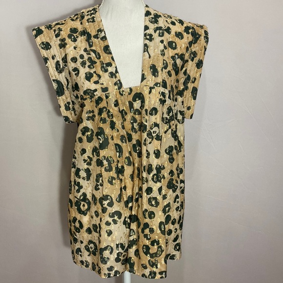 Smythe Animal Print Smock Top Gold Metallic Blouse V- Neck - Picture 3 of 7